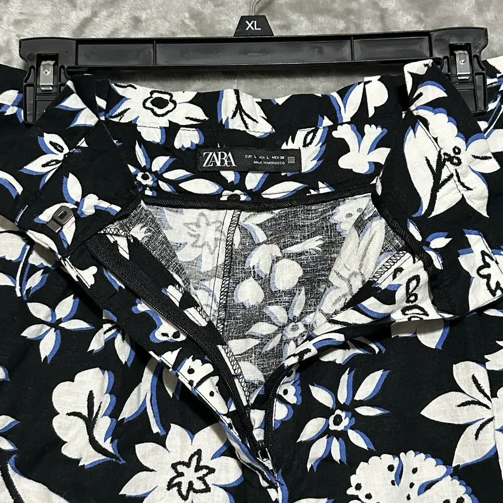 Zara Womens Wide‎ Leg Linen Blend Floral Trousers Sz L Black Boho Coastal Resort